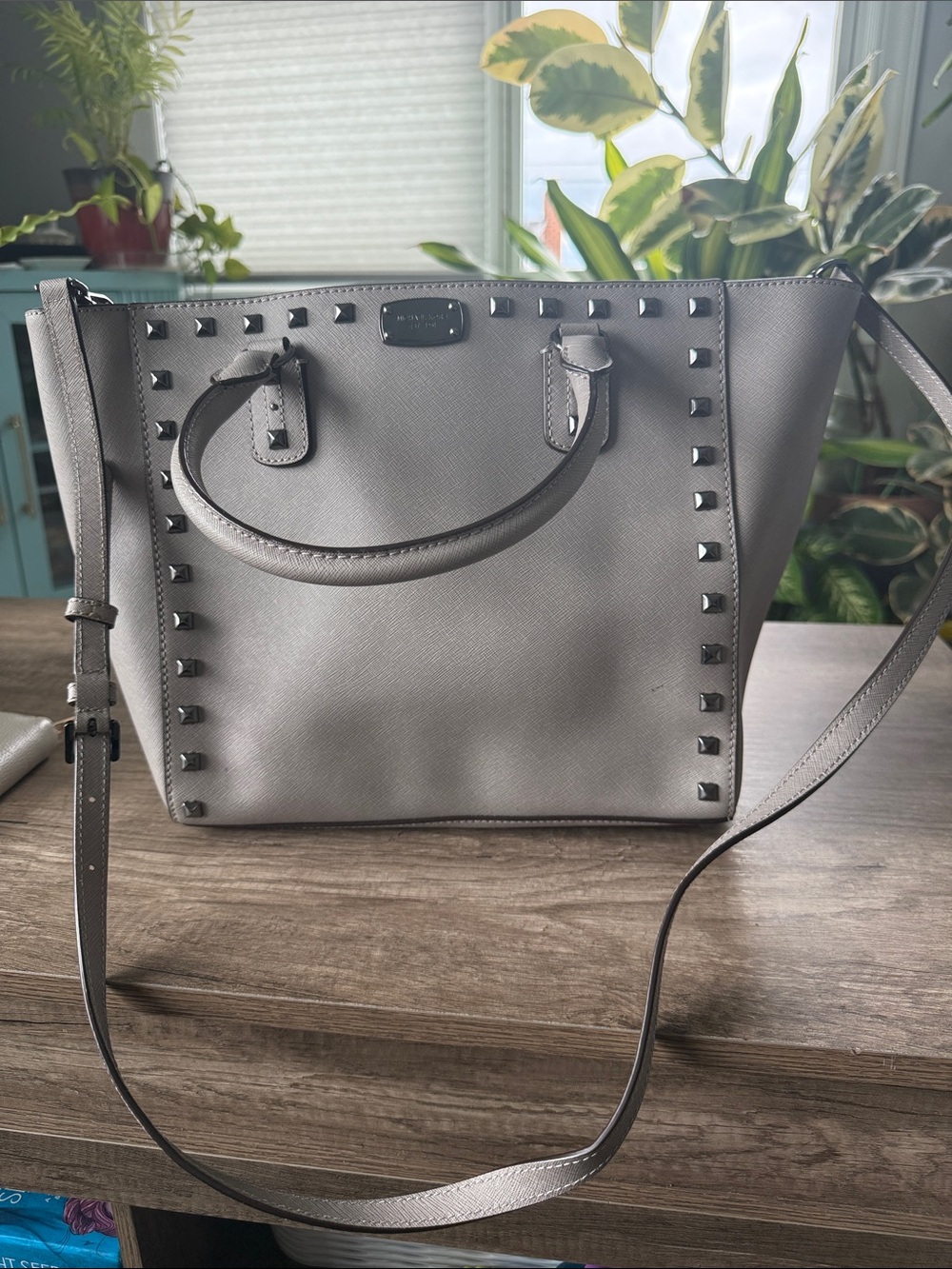 Michael Kors Light Gray Studded Saffiano Shoulder Tote